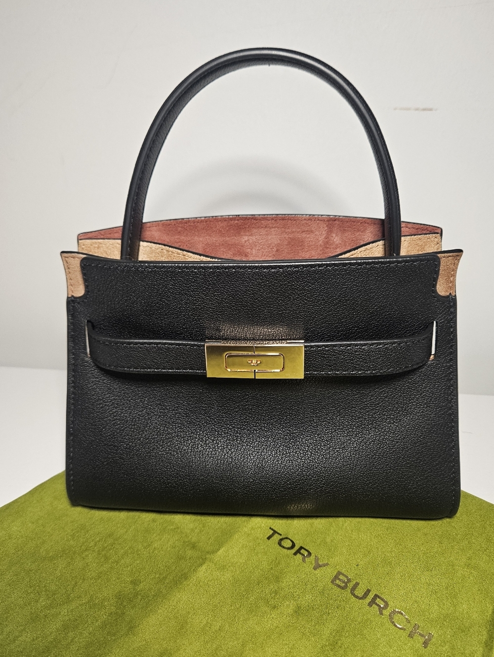 Tory Burch Black Leather Top-Handle Crossbody with Tan & Pink Interior